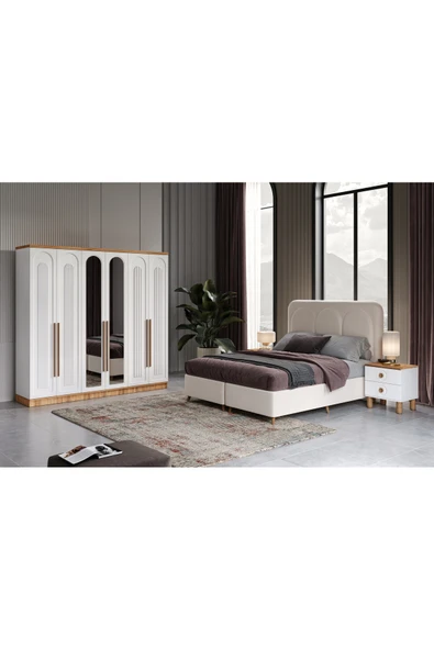GuneyStore Ücretsiz Montaj - Flora 6 Kapaklı Komple Mdf Yatak Odası Takımı - Baza Dahil ürün görseli 1
