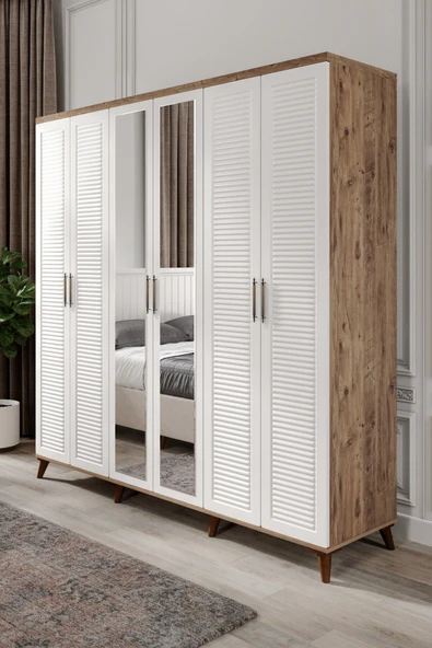 GuneyStore Ücretsiz Montaj Komple Mdf Paris 6 Kapaklı Atlantik-Çam-Beyaz Aynalı Gardırop Gardolap ürün görseli 1