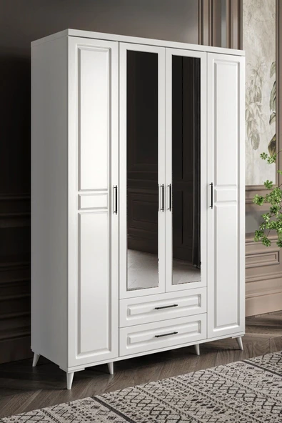 GuneyStore Ücretsiz Montaj Komple MDF Gözde 4 Kapaklı Çekmeceli Aynalı Beyaz Gardırop ürün görseli 1
