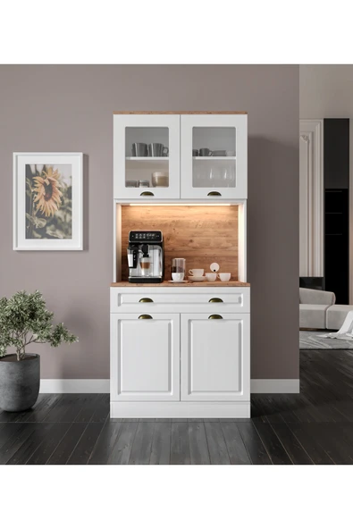 GuneyStore Gözde 2 Kapaklı Kahve Köşesi – 93 cm MDF, LED Aydınlatmalı, Çok Amaçlı Mutfak ve Airfryer Dolabı ürün görseli 1