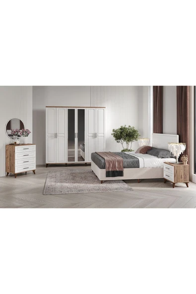 GuneyStore Montaj Komple Mdf Sport 6 Kapaklı Atlantik Çam-beyaz Yatak Odası Takımı (bazalı) ürün görseli 1