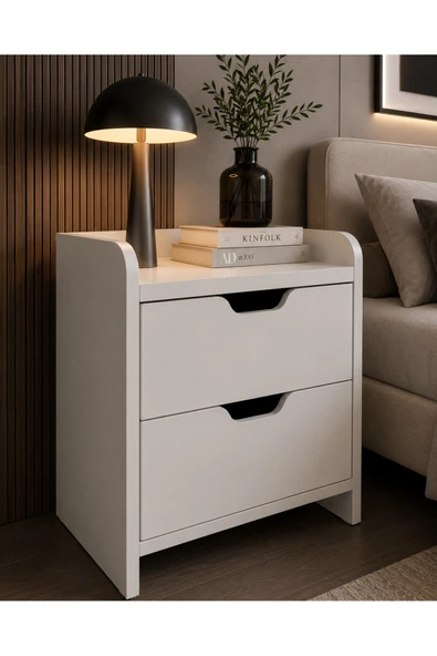 Flinder FL-1072 Saray Beyaz 2 Çekmeceli Raflı Komodin, Şifonyer, Kulpsuz Tasarım, Yatak Odası, Çocuk Odası, Başucu Dolabı FL-1072-Saray-Beyaz ürün görseli 1