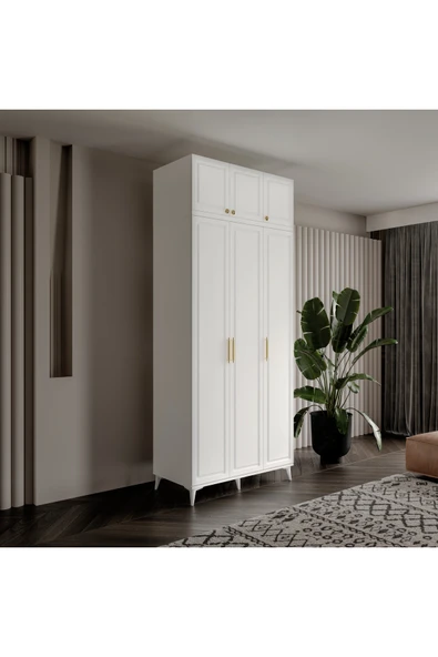 GuneyStore Ücretsiz Montaj Milas Gold 3 Kapaklı Komple MDF Ayaklı Yüklüklü Gardırop ürün görseli 1
