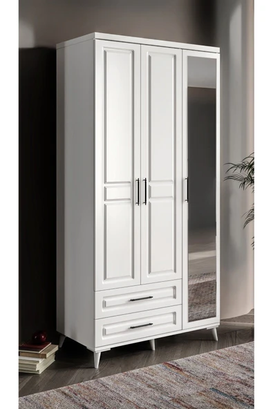 GuneyStore Ücretsiz Montaj Komple MDF Gözde 3 Kapaklı Aynalı Çekmeceli Beyaz Gardırop ürün görseli 1