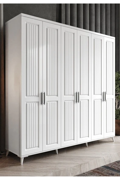 GuneyStore Ücretsiz Montaj ADENNA 6 Kapaklı Komple Mdf Beyaz Gardırop ürün görseli 1