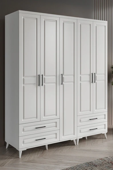 GuneyStore Ücretsiz Montaj Komple Mdf Gözde 5 Kapaklı Beyaz Gardırop ürün görseli 1