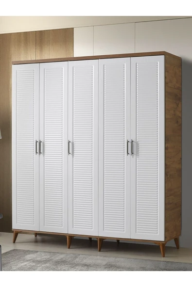 GuneyStore Ücretsiz Montaj Komple Mdf Paris 5 Kapaklı Atlantik Çam-beyaz Gardırop Elbise Dolabı ürün görseli 1