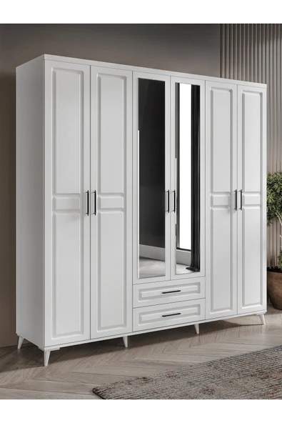 GuneyStore Ücretsiz Montaj Gözde 6 Kapaklı Aynalı Komple Mdf Beyaz Gardırop ürün görseli 1