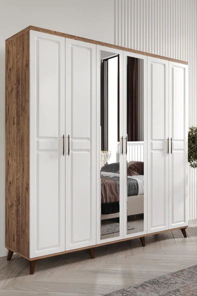 GuneyStore Ücretsiz Montaj Komple MDF Sport 6 Kapaklı Atlantik Çam-beyaz Aynalı Gardırop Elbise Dolabı ürün görseli 1