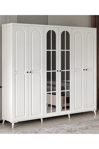 GuneyStore Ücretsiz Montaj ROMA 6 Kapaklı Aynalı Komple Mdf Beyaz Gardırop ürün görseli 1