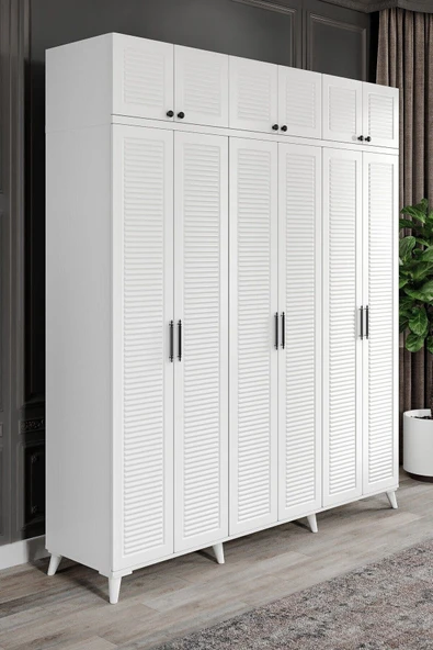 GuneyStore Ücretsiz Montaj Paris Komple Mdf 6 Kapaklı Yüklüklü Beyaz Gardırop ürün görseli 1