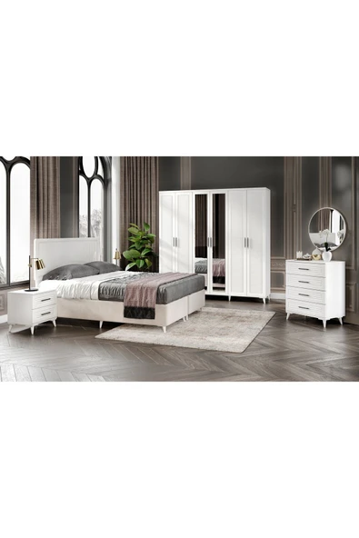 GuneyStore Komple Mdf Paris 6 Kapaklı Beyaz Yatak Odası Takımı Bazalı ürün görseli 1