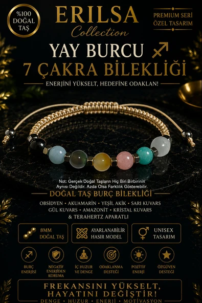 Sertifikalı Yay Burcu 7 Çakra Doğal Taş Bileklik - Ayarlamalı Unisex Lüks Hem Bileklik Hem Halhal ürün görseli 1