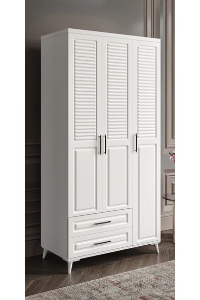 GuneyStore Ücretsiz Montaj Komple Mdf Sanat 3 Kapaklı Çekmeceli Beyaz Gardırop ürün görseli 1