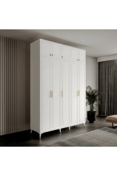 GuneyStore Ücretsiz Montaj Milas Gold 5 Kapaklı Komple MDF Ayaklı Yüklüklü Gardırop ürün görseli 1
