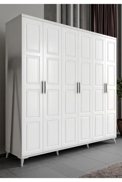 GuneyStore Ücretsiz Montaj SAFİR 6 Kapaklı Komple Mdf Beyaz Gardırop ürün görseli 1