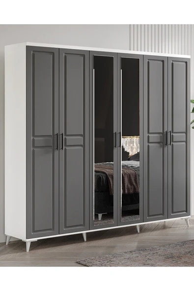 GuneyStore Ücretsiz Montaj Komple Mdf Sport 6 Kapaklı Aynalı Antrasit-beyaz Gardırop Elbise Dolabı ürün görseli 1