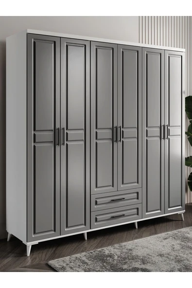 GuneyStore Ücretsiz Montaj Gözde 6 Kapaklı Komple Mdf Antrasit - Beyaz Gardırop ürün görseli 1