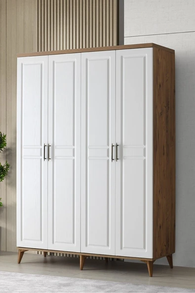GuneyStore Ücretsiz Montaj Komple Mdf Sport 4 Kapaklı Atlantik Çam/beyaz Gardırop Elbise Dolabı ürün görseli 1