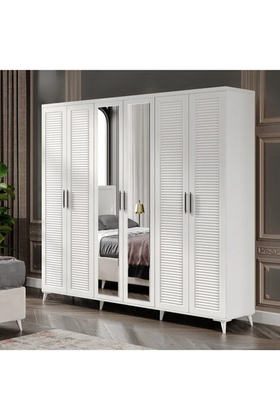 GuneyStore Ücretsiz Montaj Komple MDF Paris 6 Kapaklı Beyaz Aynalı Gardırop Elbise Dolabı Gardolap ürün görseli 1