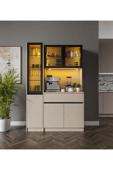 GuneyStore Viona Kum Beji Midi Sol Vitrinli Komple MDF LED Aydınlatmalı Kahve Köşesi ürün görseli 1