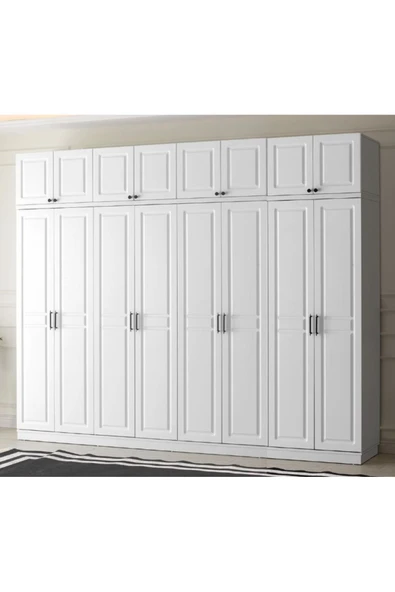 GuneyStore Ücretsiz Montaj Sport 8 Kapaklı Yüklüklü Komple Mdf Beyaz Gardırop Elbise Dolabı ürün görseli 1
