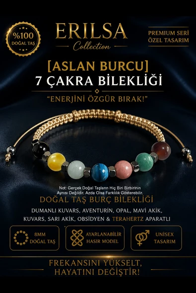 Sertifikalı Aslan Burcu 7 Çakra Doğal Taş Bileklik - Ayarlamalı Unisex Lüks Hem Bileklik Hem Halhal ürün görseli 1