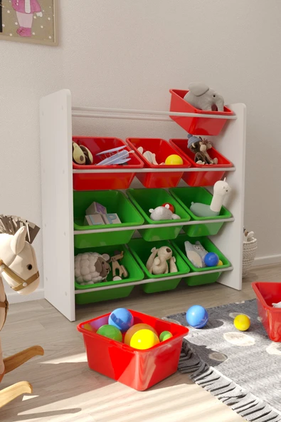 Flinder 12 Sepetli Kırmızı ve Yeşil Oyuncak Dolabı, Çok Amaçlı Dolap, Montessori Dolap FLN90009004SBD ürün görseli 1
