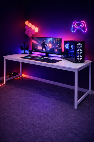 Flinder Beyaz Oyuncu Masası 160x60, Bilgisayar Masası, Gamer Masası, Gaming Masa, Metal Ayaklı FL-Gaming-160-BB ürün görseli 1