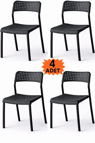 Flinder 4'lü Mari Siyah Mutfak Sandalyesi ve Balkon Sandalyesi Plastik Oturma Alanlı, Metal Ayaklı, Bahçe FL-MİRA-S-4 ürün görseli 1