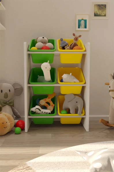 Flinder 6 Sepetli Yeşil ve Sarı Oyuncak Dolabı, Çok Amaçlı Dolap, Montessori Dolap FLN8011811SBD ürün görseli 1