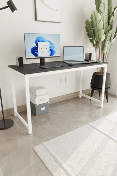 Flinder Siyah/Beyaz 140x60 Çalışma Masası, Bilgisayar Masası, Ofis Masası, Metal Ayaklı FLN1401025SBD ürün görseli 1