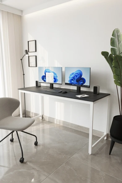 Flinder Siyah/Beyaz 160x60 Çalışma Masası, Bilgisayar Masası, Ofis Masası, Metal Ayaklı FLN1601025SBD ürün görseli 1