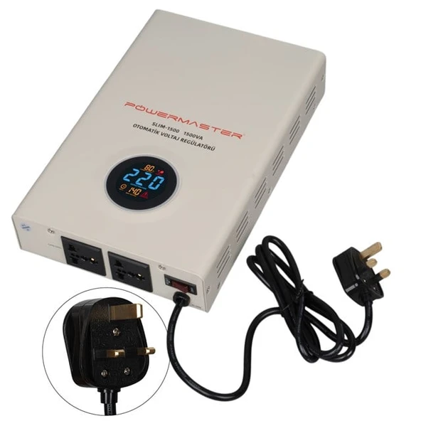 Powermaster SLIM-1500 Otomatik 1500VA Kombi Voltaj Regülatörü (İngiliz Fişli Ve Evrensel Çoklu Soketli) ürün görseli 1