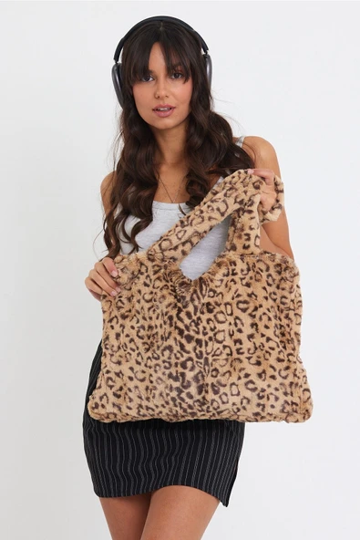 MUTE BAG Leopard Laptop Tote / Kadın Peluş Toscana Bilgisayar Çantası 42x34 Sap 65 Cm ürün görseli 1