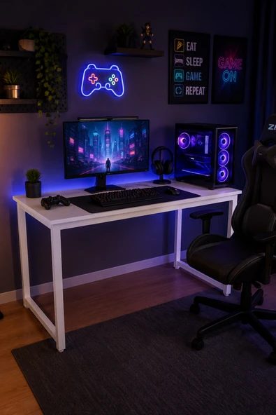 Flinder Beyaz Oyuncu Masası 60x120, Çalışma Masası, Bilgisayar Masası, Gamer Masa, Metal Ayaklı FL-OM-BB-120 ürün görseli 1