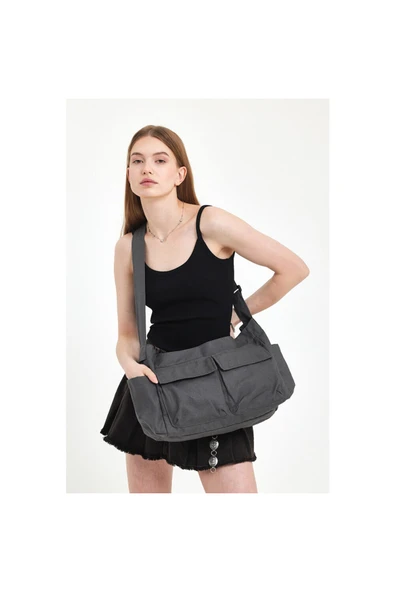 MUTE BAG Gri Cep Detaylı Kanvas Tote Ayarlanabilir Sap /geniş İç Hacim / Kargo Cep Okul çantası Boy:27 En:37 ürün görseli 1