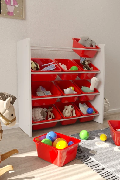 Flinder 12 Sepetli Kırmızı Oyuncak Dolabı, Çok Amaçlı Dolap, Montessori Dolap FLN90009001SBD ürün görseli 1