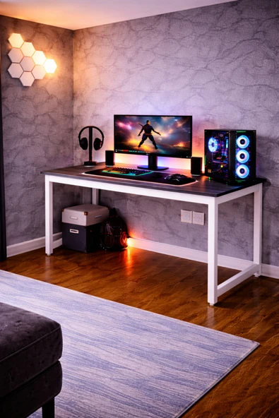 Flinder Siyah/Beyaz Renk Oyuncu Masası 60x120 Cm, Bilgisayar Masası, Gamer Masası, Gaming Masa, Metal Ayaklı FL-Gaming-120-SB ürün görseli 1