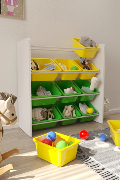 Flinder 12 Sepetli Sarı ve Yeşil Oyuncak Dolabı, Çok Amaçlı Dolap, Montessori Dolap FLN900090010SBD ürün görseli 1