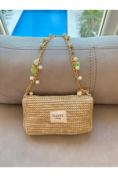 MUTE BAG Charm zincirli inci hasır çanta/ Gold askılı kadın el ve omuz çantası (25X15) ürün görseli 1