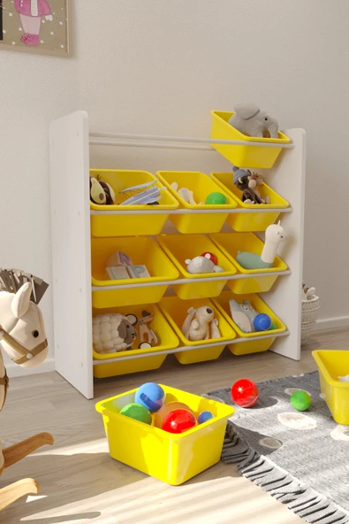 Flinder 12 Sepetli Sarı Oyuncak Dolabı, Çok Amaçlı Dolap, Montessori Dolap FLN90009007SBD ürün görseli 1