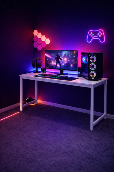 Flinder Beyaz Renk Oyuncu Masası 60x120 Cm, Bilgisayar Masası, Gamer Masası, Gaming Masa, Metal Ayaklı FL-Gaming-120-BB ürün görseli 1