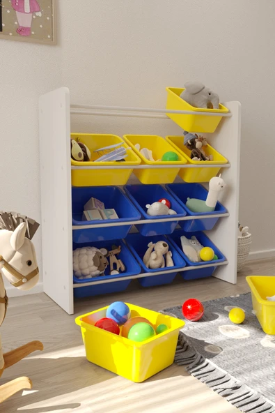 Flinder 12 Sepetli Sarı ve Mavi Oyuncak Dolabı, Çok Amaçlı Dolap, Montessori Dolap FLN90009008SBD ürün görseli 1