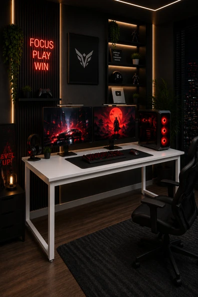 Flinder Beyaz Oyuncu Masası 60x160, Çalışma Masası, Bilgisayar Masası, Gamer Masa, Metal Ayaklı FL-OM-BB-160 ürün görseli 1