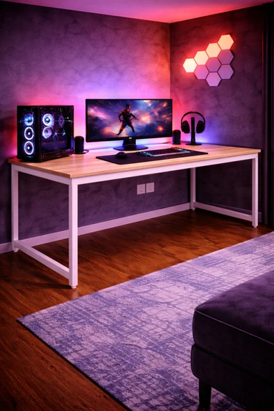 Flinder Çam/Beyaz Oyuncu Masası 160x60, Bilgisayar Masası, Gamer Masası, Gaming Masa, Metal Ayaklı FL-Gaming-160-CB ürün görseli 1