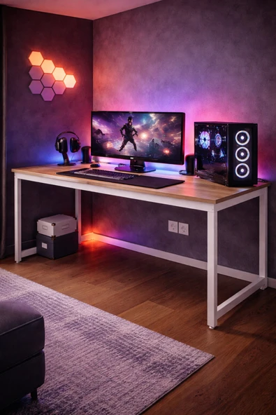 Flinder Çam/Beyaz Oyuncu Masası 60x140 Cm, Beyaz Renk Bilgisayar Masası, Gamer Masası, Gaming Masa FL-Gaming-140-CB ürün görseli 1