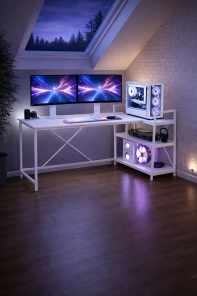 Flinder Beyaz Çift Yön Kullanıma Uygun, Raflı Gaming Oyuncu Masası, Bilgisayar Masası, Çalışma Masası BB-L ürün görseli 1
