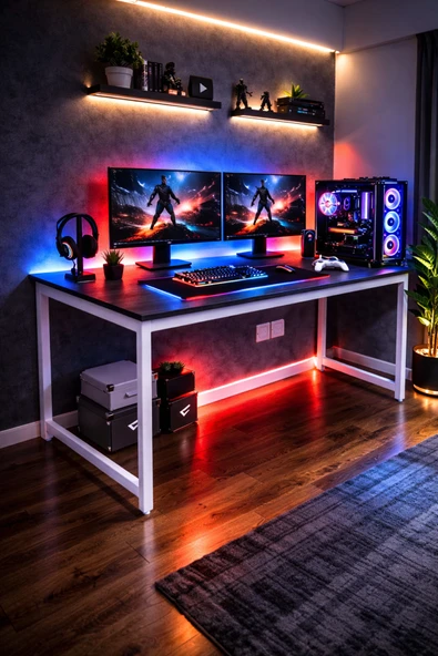 Flinder Siyah/Beyaz Oyuncu Masası 60x140 Cm, Beyaz Renk Bilgisayar Masası, Gamer Masası, Gaming Masa FL-Gaming-140-SB ürün görseli 1