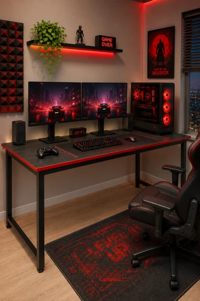 Flinder Siyah/Kırmızı Oyuncu Masası 60x140, Çalışma Masası, Bilgisayar Masası, Gamer Masa, Metal Ayaklı FL-OM-SKS-140 ürün görseli 1